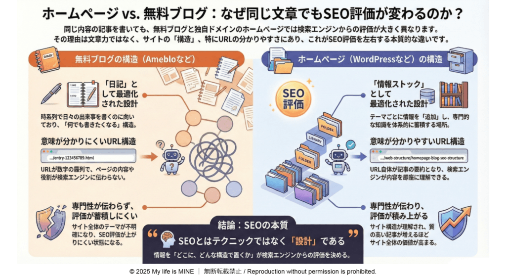 ホームページ vs 無料ブログ なぜ同じ文章でもSEO評価が変わるのか?