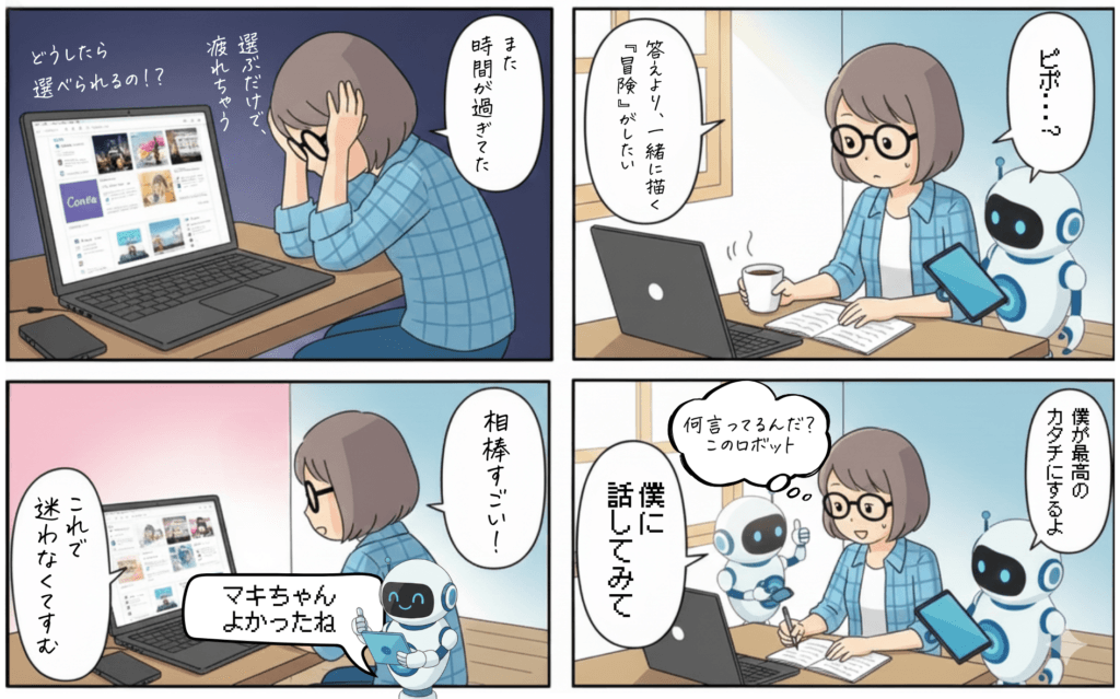 CanvaやAIを使う中で迷っている人と、それを整理するAIとの対話を描いたマンガ
